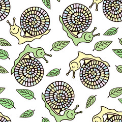 Vector seamless background. Cute snails and leaves.
