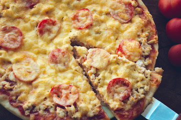 Homemade spicy pizza with chicken and tomato.