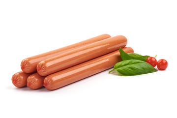 Frankfurter Boiled Sausages with basil leaves and Physalia berry, isolated on a white background.