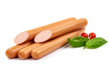 Sliced Viennese Boiled Sausages with basil leaves and Physalia berry, isolated on a white background.