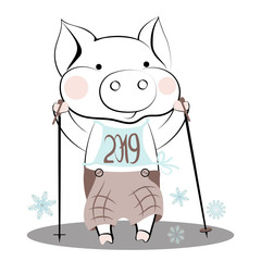 Cute cartoon pig with Nordic walking sticks, cheerful pig, symbol of 2019 at the start