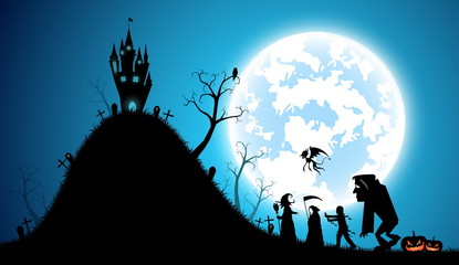 illustration blue background,festival halloween concept,full moon on dark night with many ghost,zombie,frankenstein and devil walking to castle for celebration halloween day