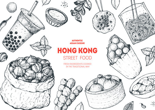 Hong kong street food frame. Chinese food menu design template. Vintage hand drawn sketch, vector illustration. Engraved style illustration. Asian street food sketch.