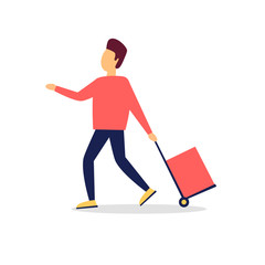 Obraz premium Man pulls a cart. Flat style vector illustration. 