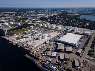Aerial View of Oil Storage Tanks and a Plant