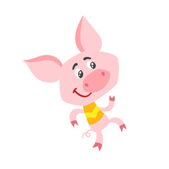 Cartoon pig character dancing isolated on white.