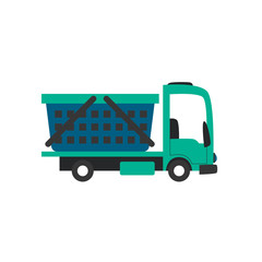 Delivery, truck carries cart, shopping. Flat style vector illustration.	