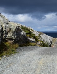 landscape along the Killick Coast, gravel road leading to Cape St Francis, Avalon Peninsula, NL Canada