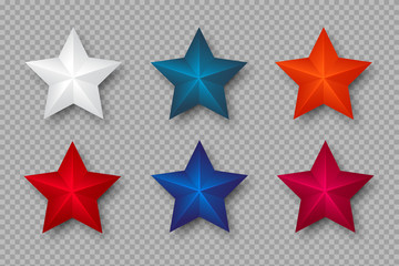 Set of 3d stars in colors of USA. Decorative elements for national american holiday design. Isolated on transparent background. Vector illustration.