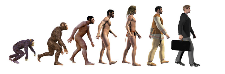 human evolution, from ape to modern business man, 3d illustration