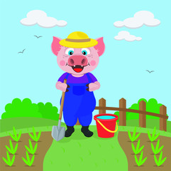 A pig plants a vegetable garden, digs up and sows seeds. Vector spring illustration. Symbol of 2019.