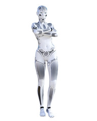 Obraz premium Robot woman. Metal droid. Artificial Intelligence. Conceptual fashion art. Realistic 3D render illustration. Studio, isolate, high key.