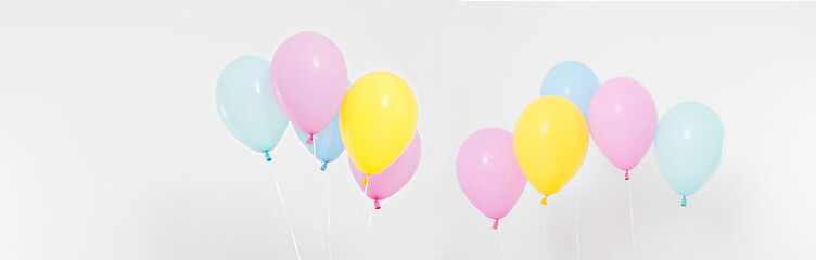 set,collage coloured balloons background. Celebration, holidays, summer concept. Design template, billboard or banner blank, top view, copy space.