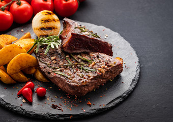 Steak beef. Beef steak medium with red pepper, aromatic herbs and fried onion
