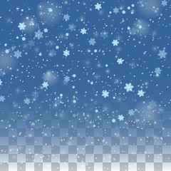 Falling snow isolated on transparent background. Christmas winter holiday vector background. Snowfall christmas, falling snowstorm . Vector. Eps10.