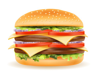 classic hamburger with meat chop tomato onion and cheese in a bun stock vector illustration