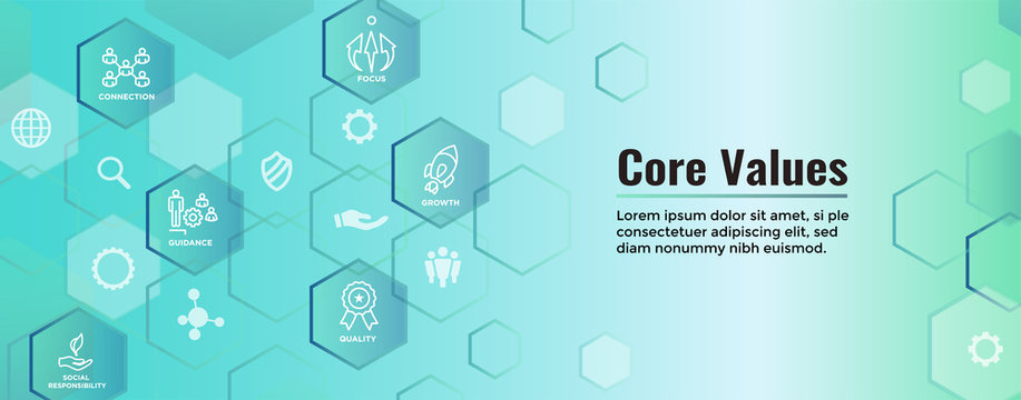 Core Values Web Header Banner image with Integrity, Mission, etc Icon Set