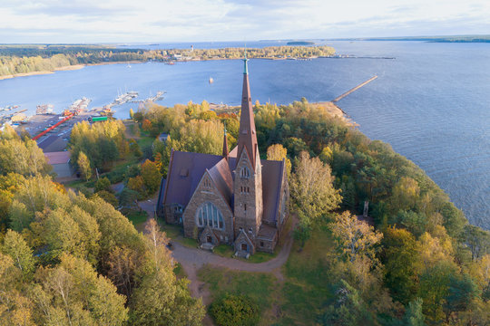 Mary Magdalene Lutheran church on the bank of the Gulf of Finland in the September afternoon (aerial photography). Primorsk, Russia
