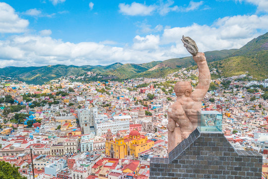 Beautiful aerial view of the Pipila monument in Guanajuato city, Mexico