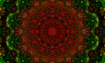 Dark red and green mandala Art with very detailed shapes and patterns.
