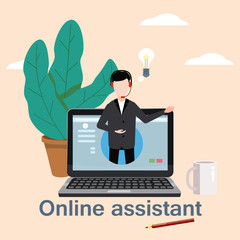 Concept online assistant, customer and operator, call centre, online global technical support 24-7. Vector illustration male hotline operator advises client, virtual help service.