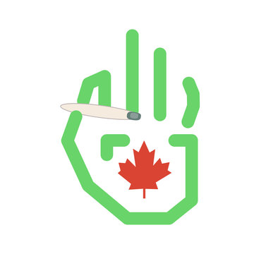 Graphic hand holds a marijuana joint with a maple leaf  graphic on the palm of the hand.
