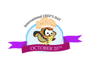 International chef day greeting card. Funny cartoon chef owl with hat on isolated background. Vector illustration
