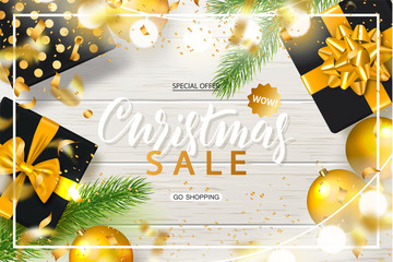 Christmas Sale poster with shiny gold Christmas balls, gift boxes, spruce branches,garland and serpentine. Vector illustration. Design for invitation, banners, ads, coupons, promotional material.