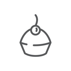 Muffin editable icon vector illustration - black thin line pictogram of sweet baked dessert decorated with cherry.