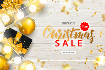 Christmas Sale poster with shiny gold Christmas balls, gift boxes, garland and serpentine on wooden background. Vector illustration. Design for invitation, banners, ads, coupons, promotional material.