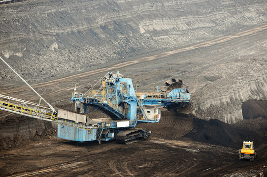 aerial view in coal mine with bucket wheel excavator.