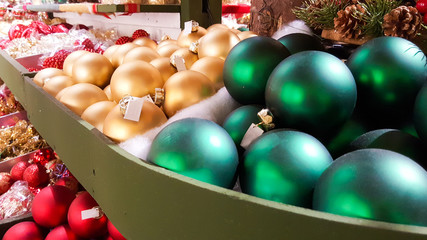 colored christmas balls exposed in a shop