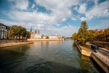 Landscape view on the river with Notres-Dame cathedral in Paris, France