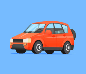Fototapeta premium Family red car isolated illustration. Traveling by car print. Vector flat style. Red automobile isolated icon.