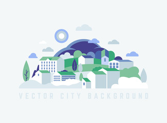 Eco City landscape with buildings, hills and trees. Vector ecology illustration in minimal geometric flat style. 