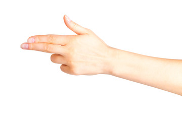 Woman hand pointing to the left with two fingers