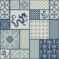 Seamless tile pattern. Colorful lisbon, mediterranean floral ornament pattern. Square flower blue mosaic. Islam, Arabic, Indian, Turkish, Pakistan, Chinese Moroccan, Portuguese Ottoman motifs.