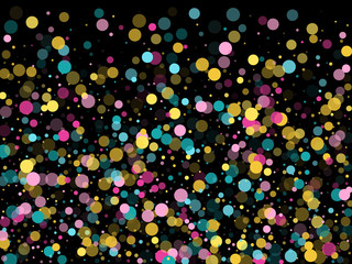 Memphis round confetti festive background in cyan blue, pink and yellow. Childish pattern vector.