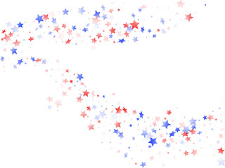 Flying red blue white star sparkles on white vector american patriotic background.