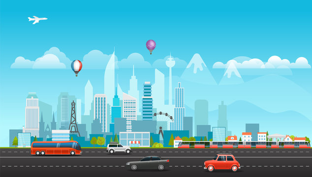 Landscape with buildings, mountains and vehicles. City life illustration