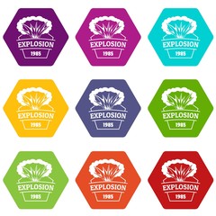 Fire explosion icons 9 set coloful isolated on white for web
