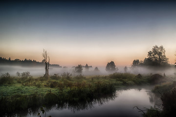 Rzeka Grabia w centralnej Polsce zaraz po wschodzie słońca otulona poranna mgłą