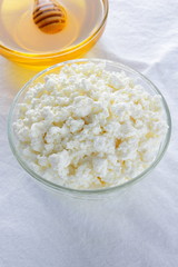 Cottage cheese on white background. Fresh cottage cheese and honey on white cloth. Soft cheese in glassware. Dairy product for breakfast. Copy space