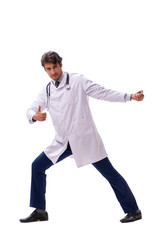 Young handsome doctor under pressure isolated on white