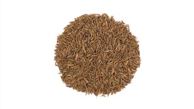Top view from above of a circle shaped caraway seeds heap. Rotating on the turntable. Isolated on the white background. Close up. Macro.