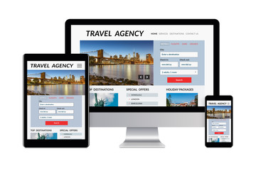 Desktop computer, tablet and smartphone isolated on white with travel agency concept on screen. Digital generated devices.