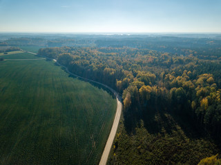 drone image. aerial view of rural area with fields and forests in autumn