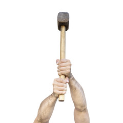 Male hands with a sledgehammer. White background. Isolate