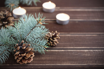 Christmas items on wooden board