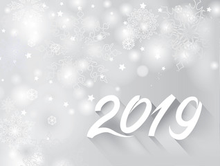 Happy New Year 2019 banner over snow blurry winter holiday backgound